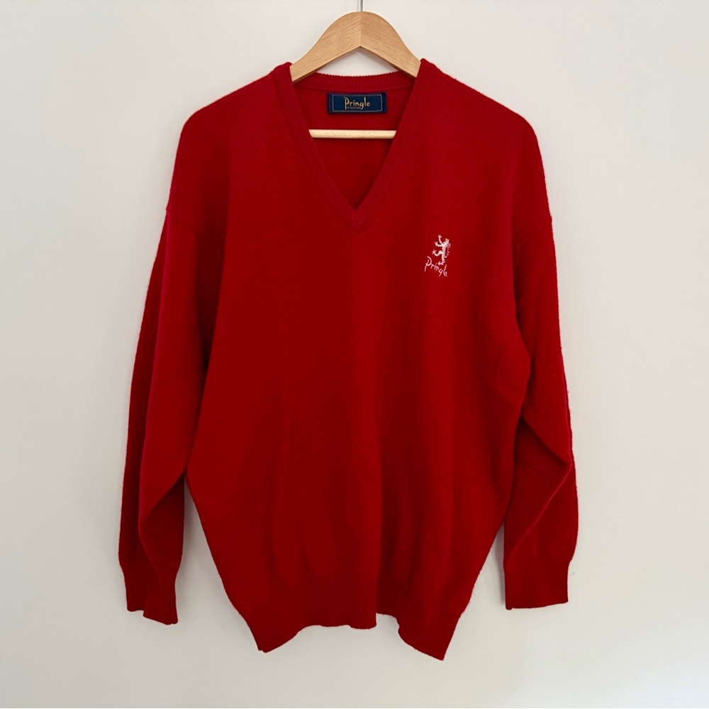 Pringle of Scotland Red V-Neck Wool Sweater